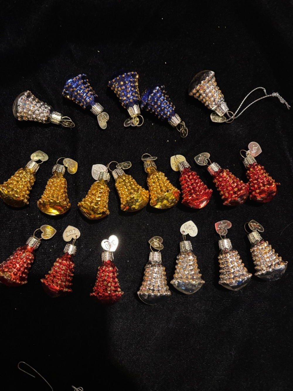 Vintage OWC Mini Glass Bell Ornaments - Multicolor (Red, Gold, Blue, Silver)